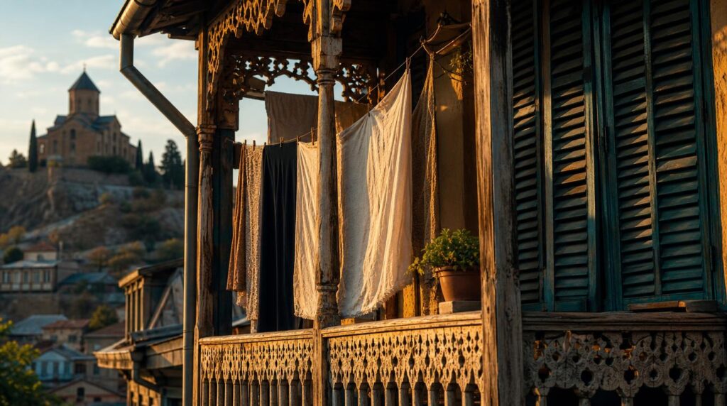 A close textural shot of a Tbilisi balcony in the old town, ornate carved wood railings, hanging laundry and a small potted plant