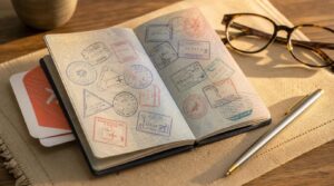 A close, textural shot of a US passport open to a page dense with entry and exit stamps, resting on a wooden desk beside a pair