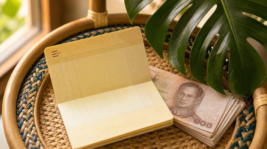 A close, textural shot of a bank passbook and a small stack of Thai baht notes resting on a rattan tray next to a tropical plant leaf,