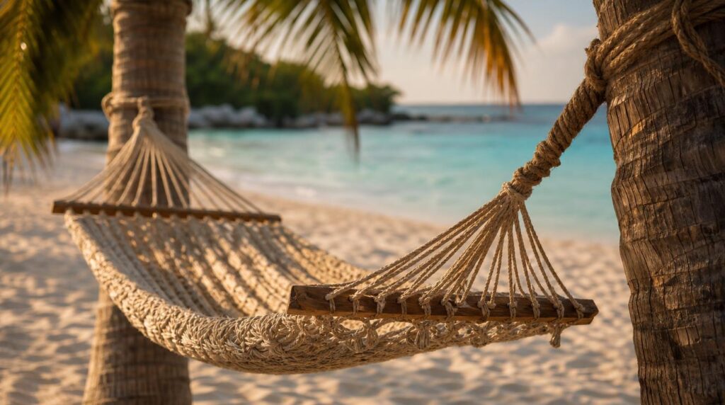 A close textural shot of a hammock strung between two palm trees on a white sand beach, turquoise water in the soft-focus