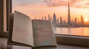 A close, textural shot of an open passport resting on a windowsill with a UAE residence visa stamp visible, the Dubai skyline