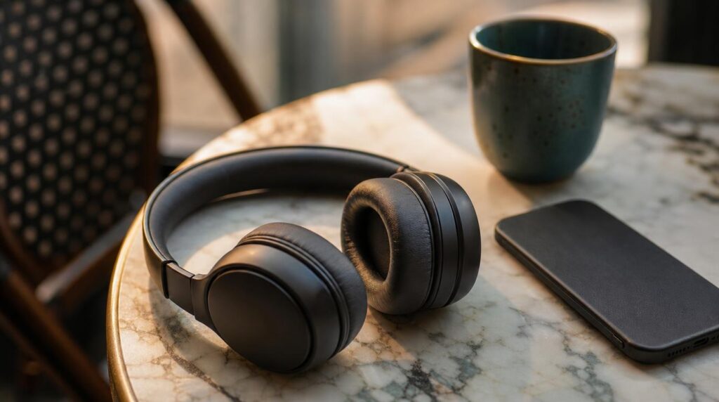 A close, textural shot of noise-isolating headphones resting face-up on a small cafe table next to a phone turned face-down, a teal ceramic cup nearby, warm natural light, shallow depth of field, no visible faces, no logos.