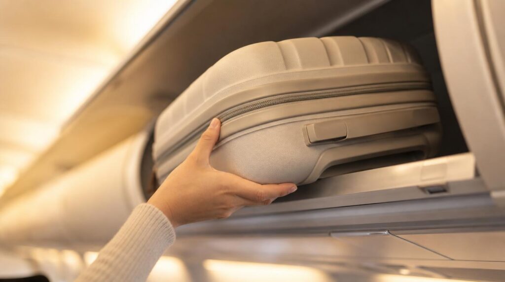 A close-up of a hand lifting a slim, light-colored hardshell suitcase into an overhead airplane bin, warm cabin lighting