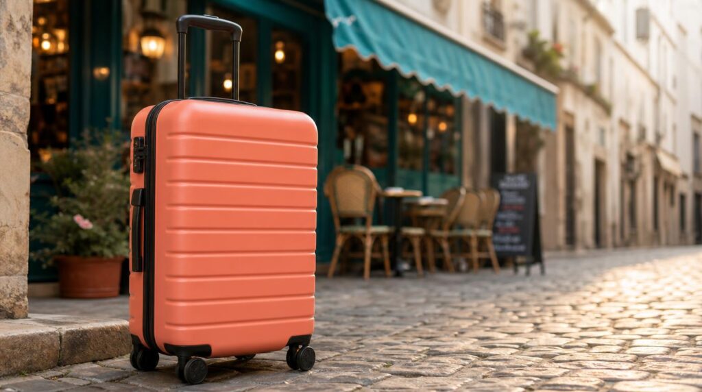 A close-up of a sleek coral hardshell carry-on suitcase resting on a cobblestone street outside a small European cafe,