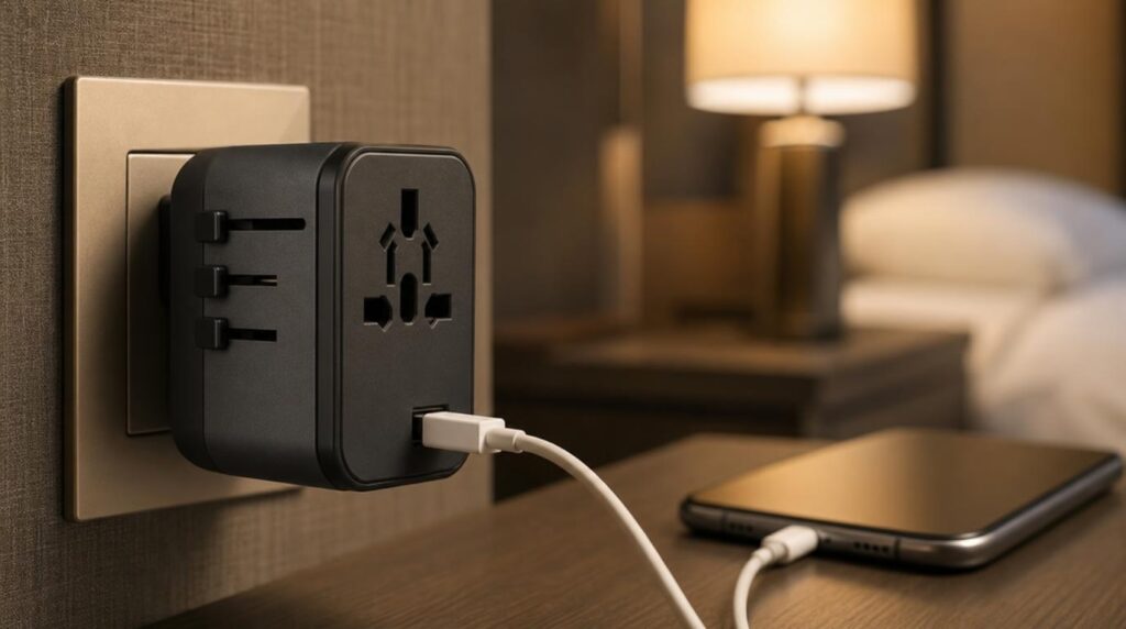 A close-up product shot of a universal travel adapter plugged into a hotel room wall outlet with a phone charging cable