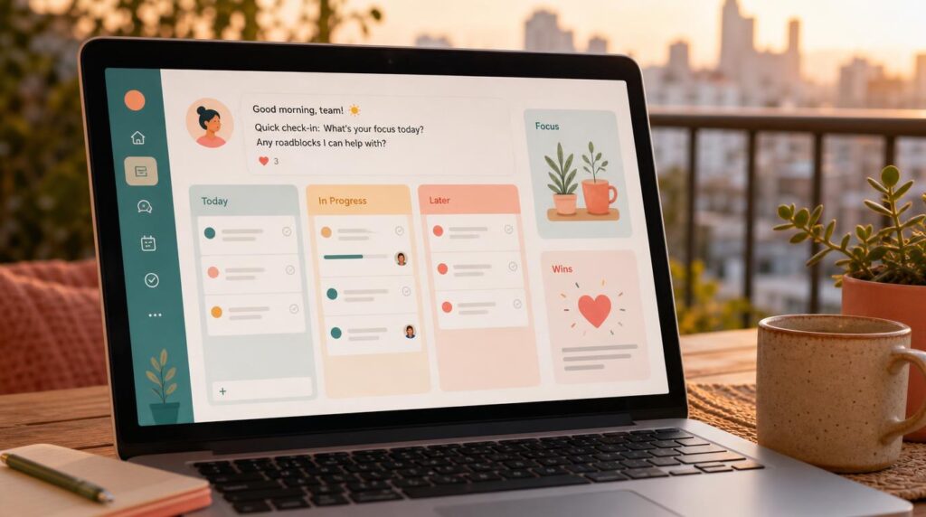 A close, warm-toned shot of a laptop screen showing a simple project board or chat check-in message, resting on a balcony table