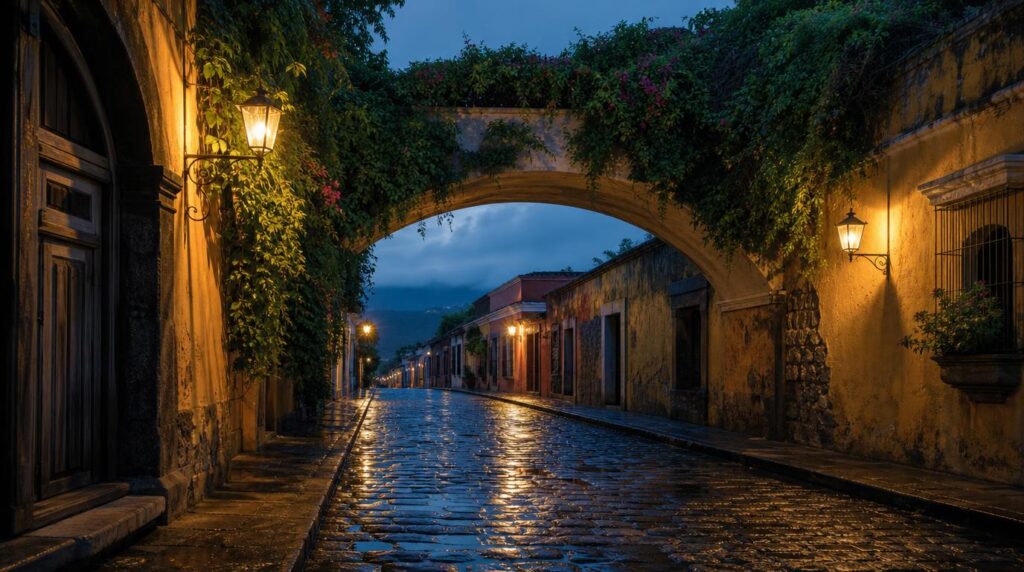A cobblestone street in Antigua after light rain, wet stones reflecting warm lamplight, lush green plants spilling