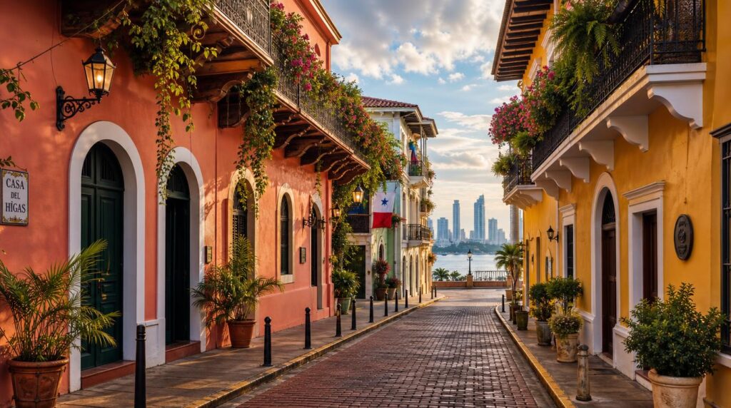 A colorful street scene in Casco Viejo, Panama City, with restored colonial buildings in pastel coral and yellow tones