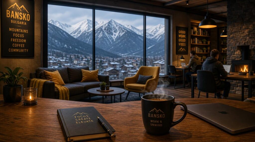 A cozy mountain coworking lounge with a large window overlooking snow-dusted peaks near Bansko, a steaming mug on a wooden table