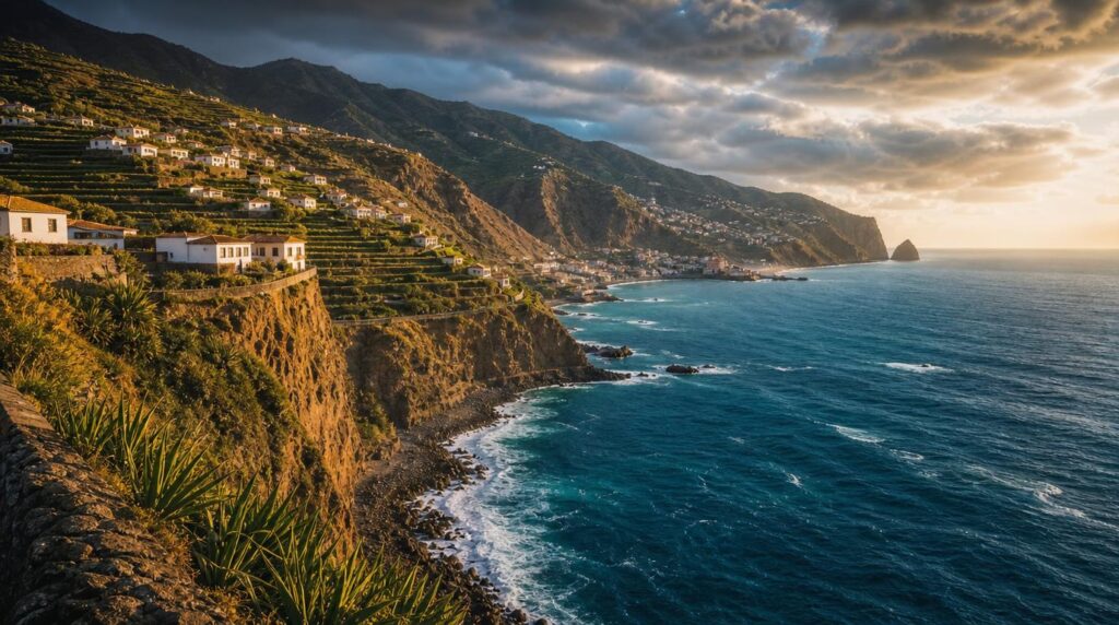 A dramatic cliffside view of Ponta do Sol, Madeira, terraced hillsides and small white buildings above the Atlantic