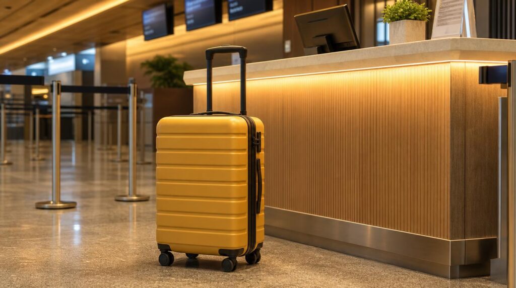 A golden-yellow hardshell carry-on suitcase standing beside a warmly lit airport check-in counter