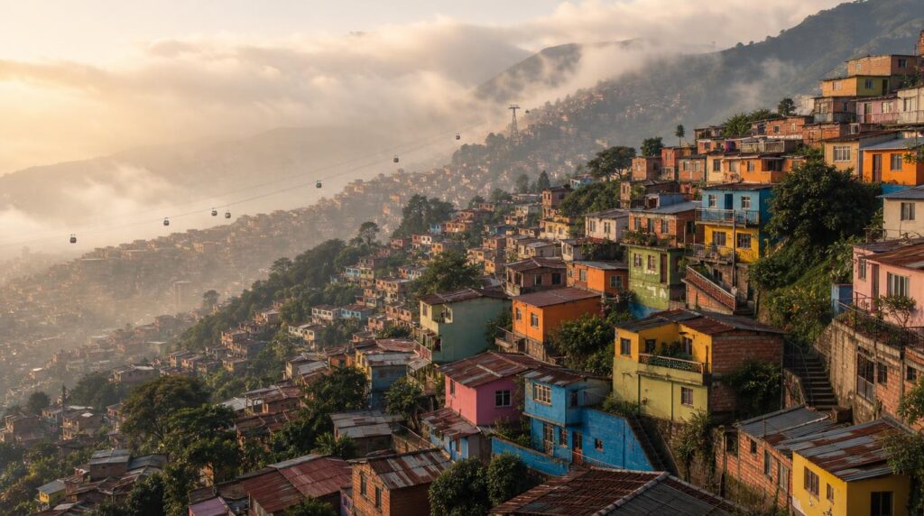 A hillside view of colorful stacked houses climbing a green mountainside in a South American city,