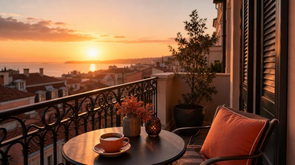 A hotel balcony at either sunrise or sunset depending on light direction, a cup of coffee or tea