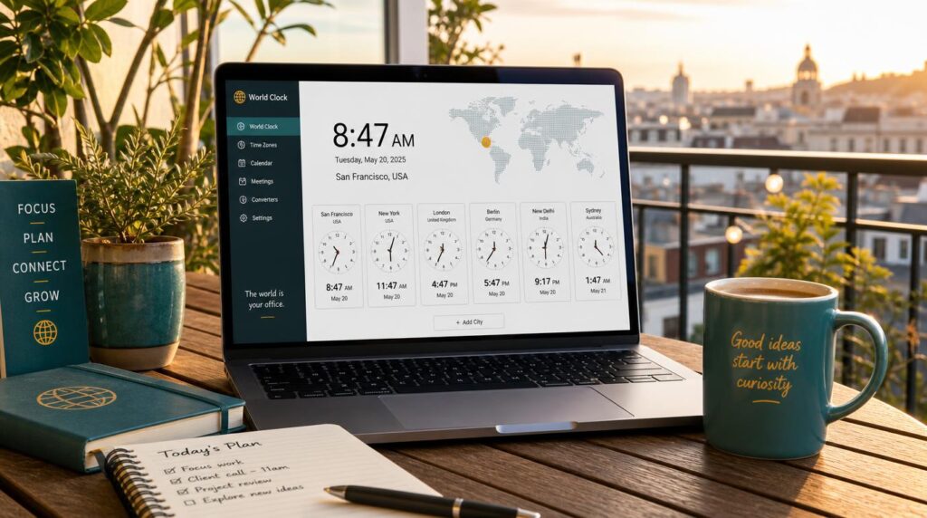 A laptop open on a balcony or rooftop table with a world clock or time zone app visible on the screen, morning light, notebook