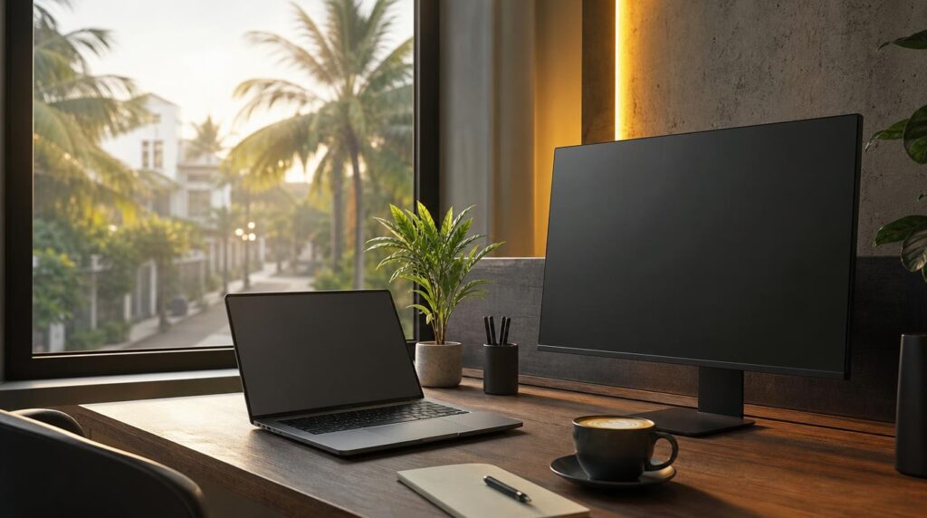 A laptop open on a co-working desk beside a large monitor and a cup of coffee