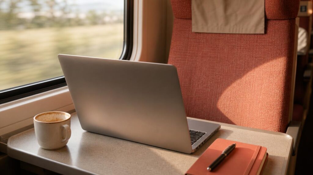 A laptop open on a train tray table, soft daylight from a window, a half-finished cup of coffee beside it,
