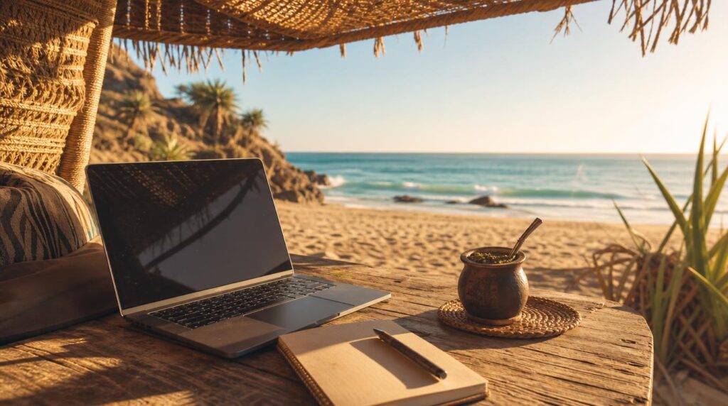 A laptop set up under a woven beach cabana or umbrella near the coast, a notebook and cup of mate beside it