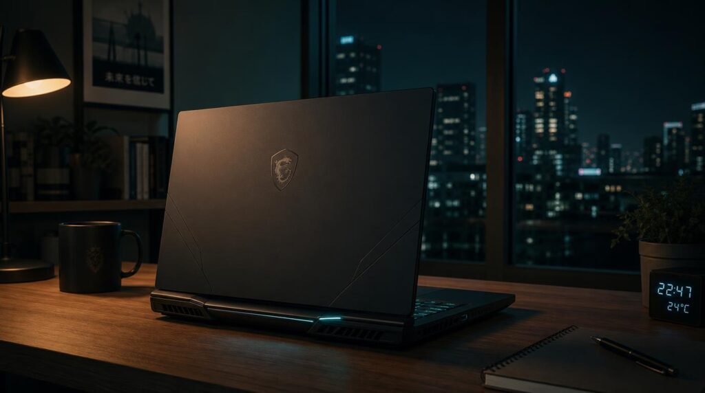 A laptop with a subtle gaming-inspired design glowing faintly under warm desk lighting in a dim apartment at night