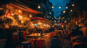 A lively Southeast Asian night market alley at dusk, strings of warm bulb lights overhead, food stall steam rising, motorbikes