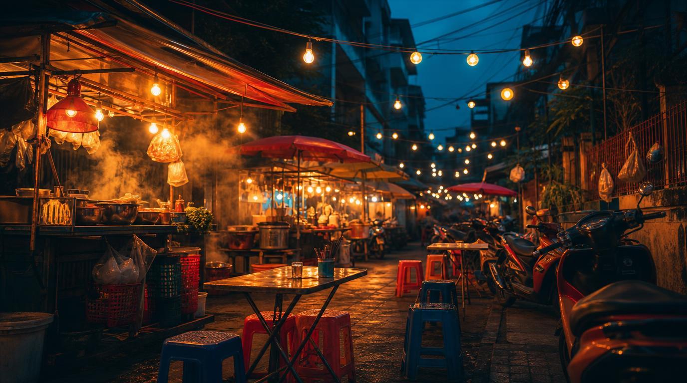 A lively Southeast Asian night market alley at dusk, strings of warm bulb lights overhead, food stall steam rising, motorbikes