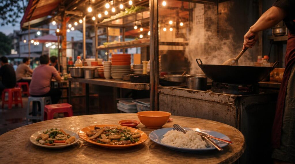 A local hawker stall in Kuala Lumpur at street level, steam rising from a wok, plates of food on a simple