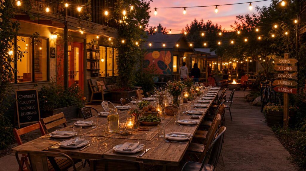 A long communal outdoor dinner table at dusk in a coliving-style courtyard, string lights overhead, empty chairs and place settings suggesting