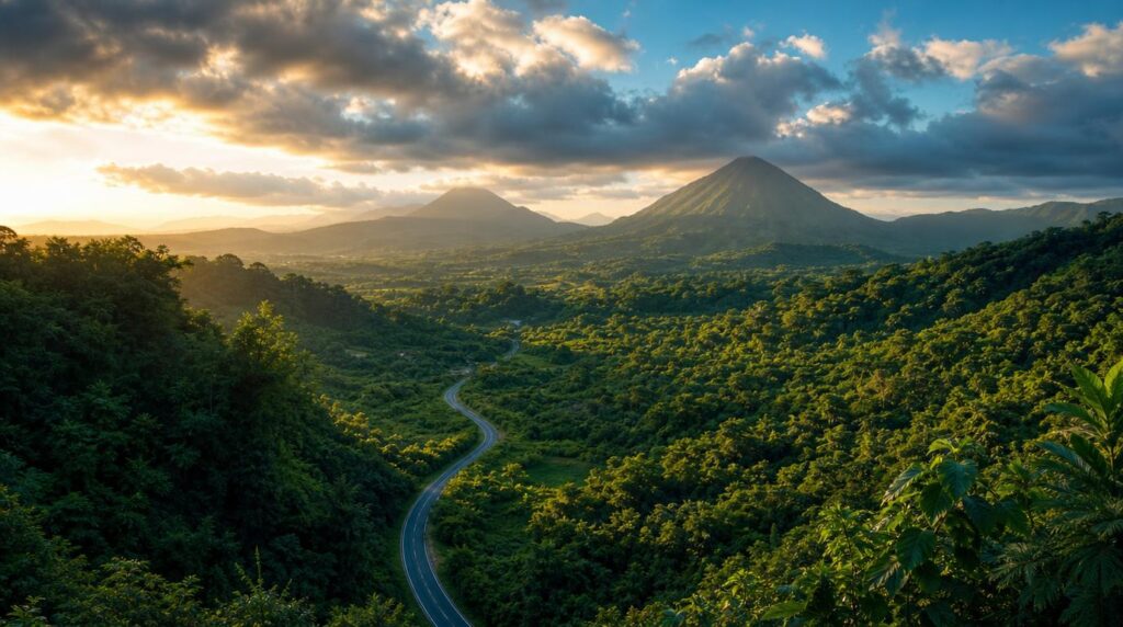 A lush green valley shot with distant volcanic hills under a partly cloudy sky, a single winding road cutting through