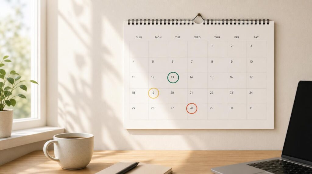 A minimalist illustration of a wall calendar with three dates circled in different colors, deep teal circle, golden yellow