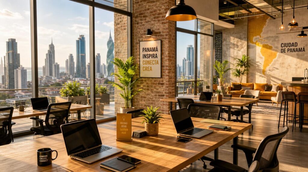 A modern coworking space interior in Panama City with floor-to-ceiling windows overlooking the skyline