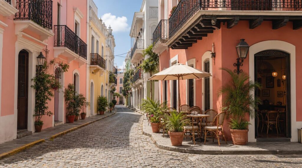 A narrow cobblestone street in a colonial old-town district with pastel-colored low buildings and wrought-iron balconies