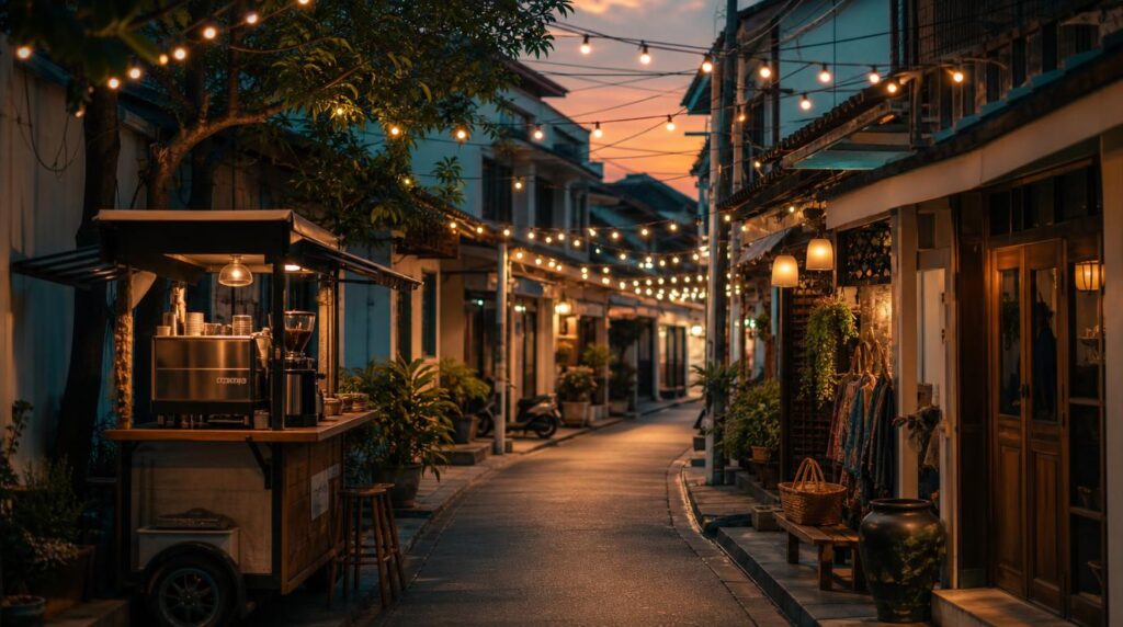 A narrow lane in Chiang Mai's old town at dusk, string lights over a row of small shopfronts and a coffee cart