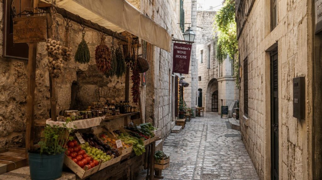 A narrow stone alley inside Diocletian's Palace with a small open-air market stall, fresh produce and local goods in warm sandy tones