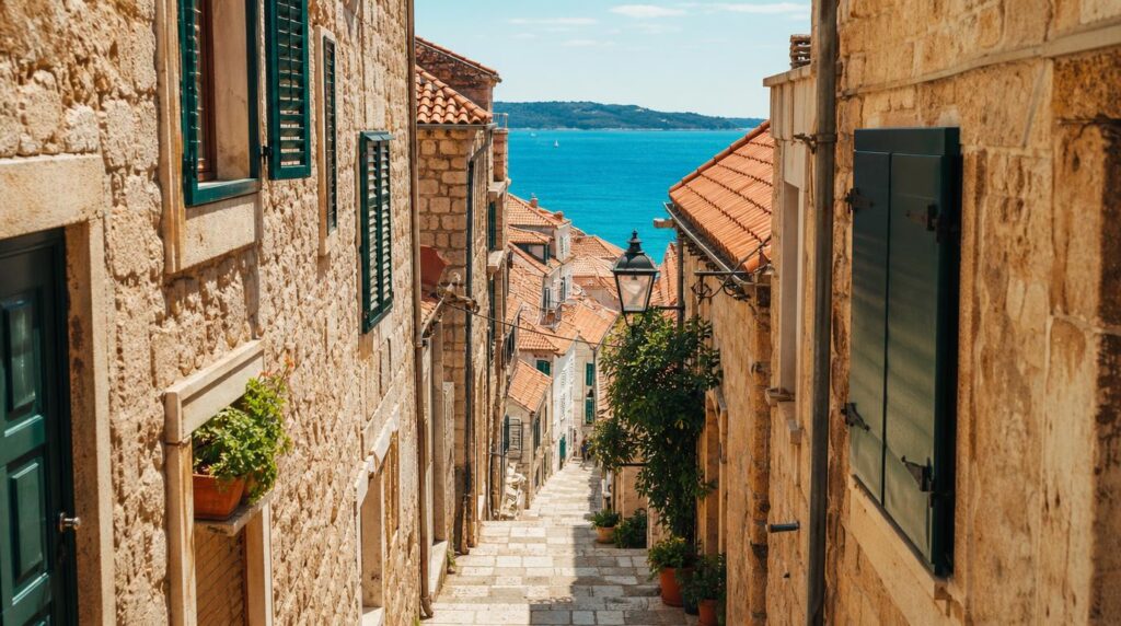 A narrow stone street in a coastal Adriatic old town, terracotta rooftops, and a sliver of turquoise sea visible at the end of the