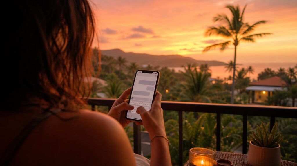 A phone screen glimpsed over a shoulder mid-message-typing on a balcony overlooking palm trees and distant hills