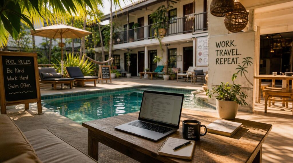 A poolside coworking scene in a hostel-style courtyard, a laptop and coffee on a low table beside a small pool, palm shade
