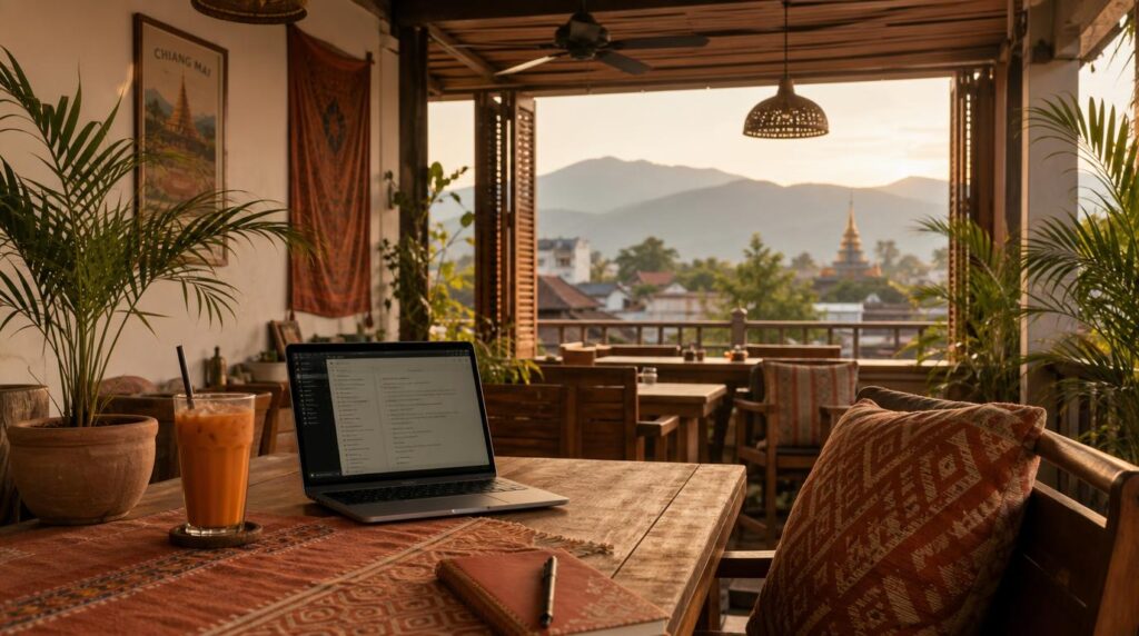 A quiet Chiang Mai coworking terrace at golden hour, potted palms and a ceiling fan, a laptop and a glass of iced Thai tea