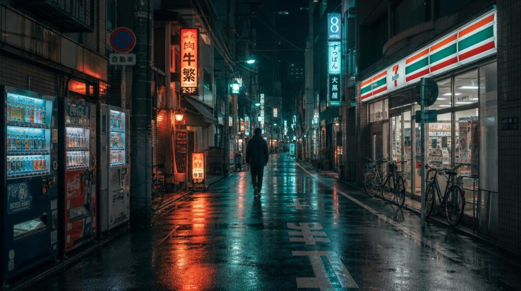 A quiet Tokyo side street at night, glowing vending machines and convenience store signage, wet pavement