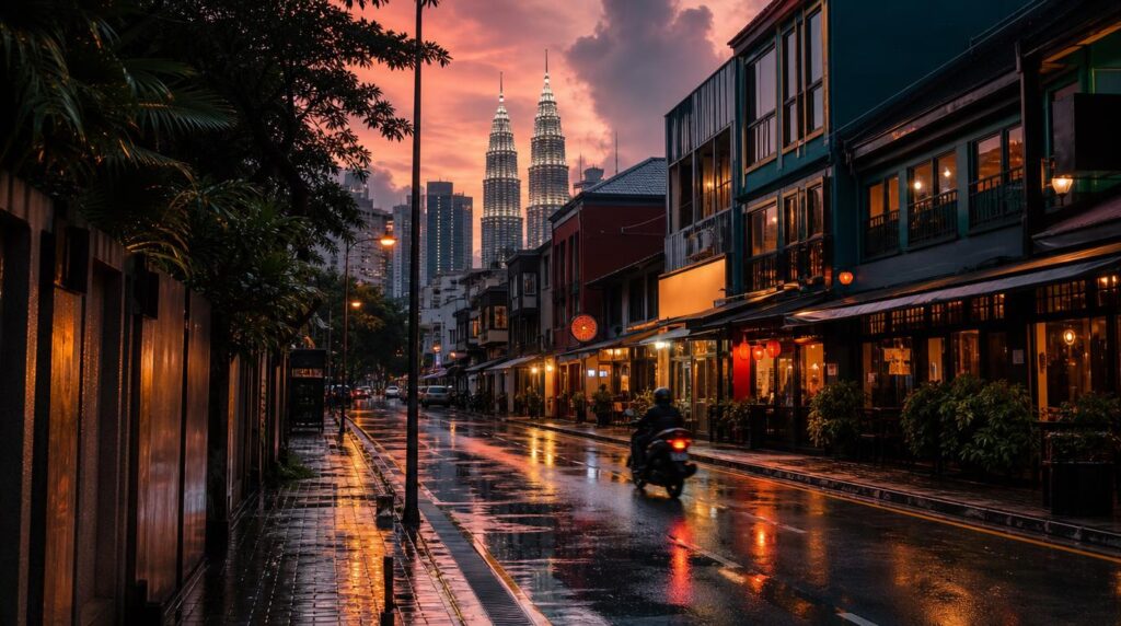 A quiet street scene in the Bangsar or KLCC area of Kuala Lumpur just after a tropical rain shower, wet pavement