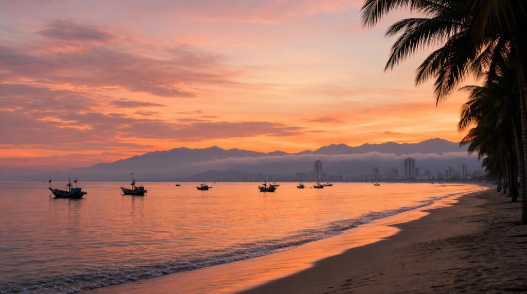 A quiet stretch of Da Nang beach at early morning, a few fishing boats anchored offshore, soft coral light on the water