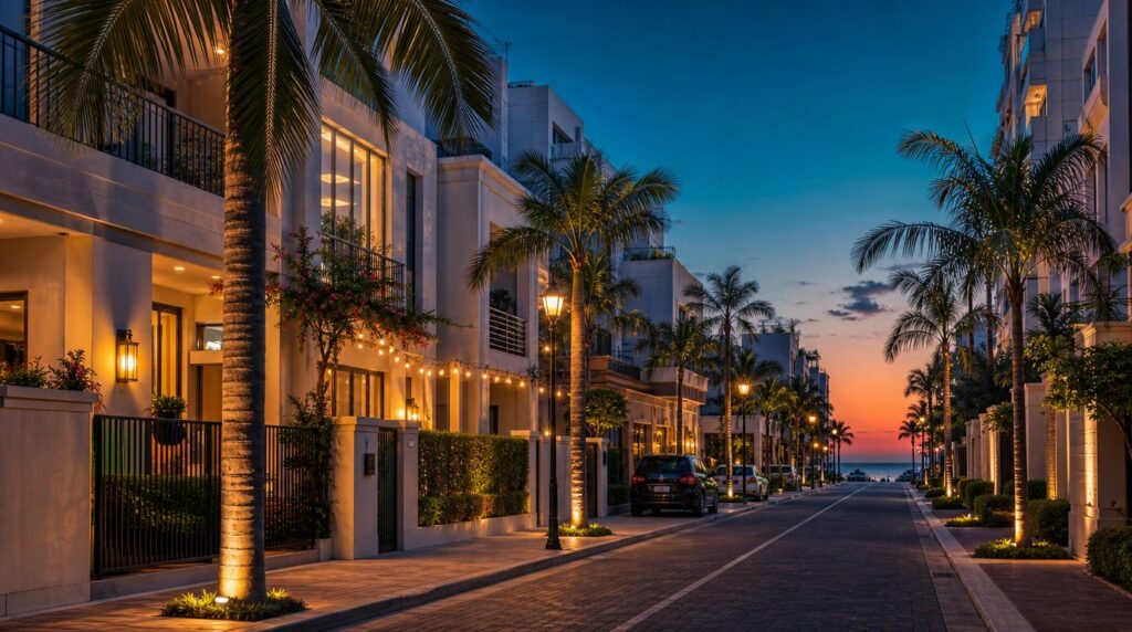 A quiet, well-lit residential street in a neighborhood like Punta Pacifica at dusk, modern