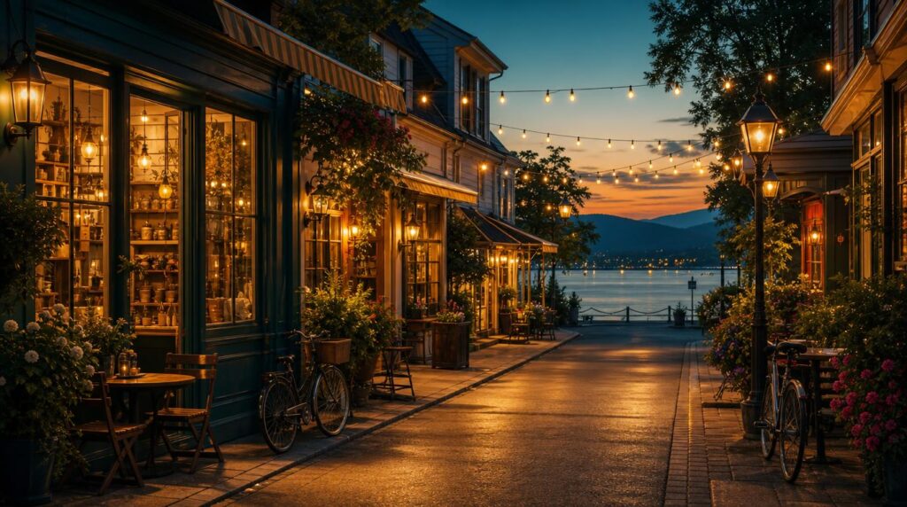 A quiet, well-lit street in a lakeside neighborhood at dusk, string lights strung between small shopfronts and cafe