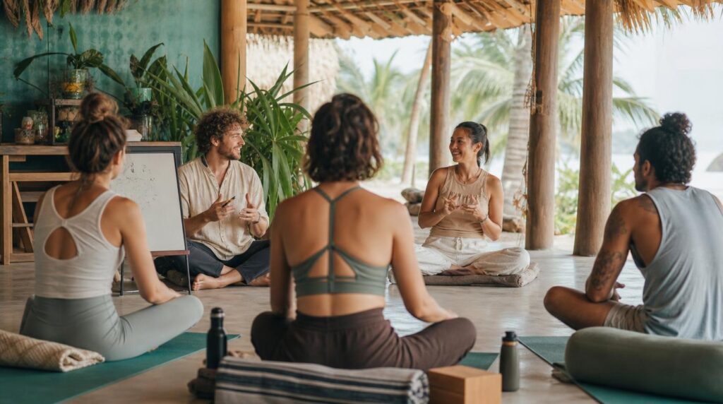 A recurring local scene, a small group in a language exchange or yoga class setting in an open-air studio,