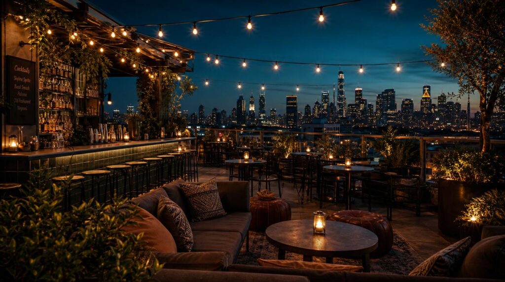 A relaxed rooftop bar scene at blue hour, string lights, low tables, a skyline view in the background,