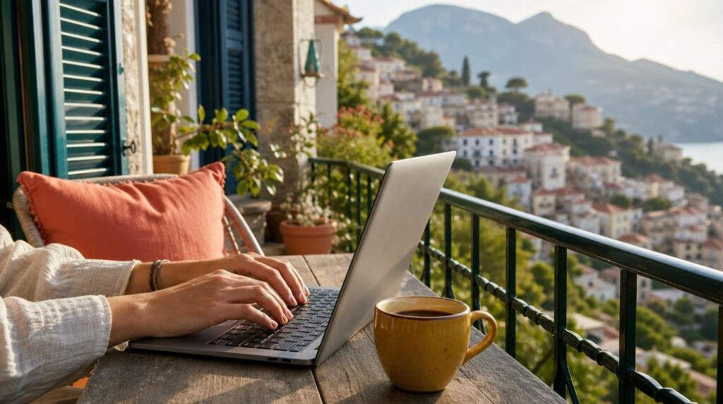 A remote worker's hands typing on a laptop on a sunlit balcony railing table overlooking a hillside town, coffee cup