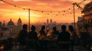 A rooftop communal dinner at golden hour, five or six silhouetted figures gathered around a long table strung with warm