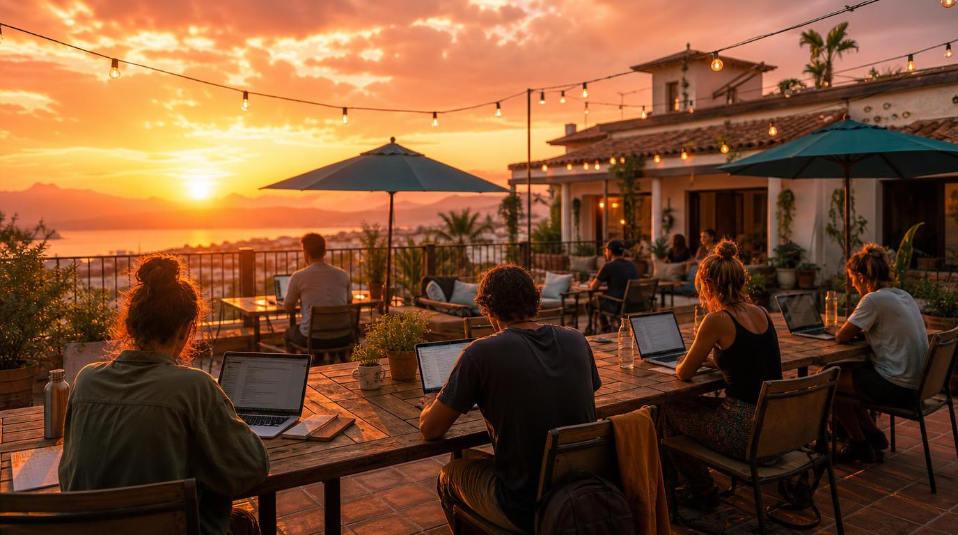 A rooftop coworking terrace at golden hour, several remote workers with laptops seated at long wooden tables under string lights