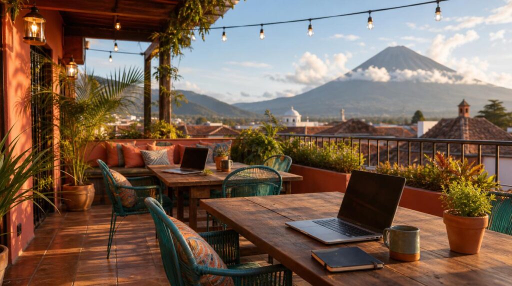 A rooftop coworking terrace in Antigua with volcano views in the distance, a few laptops open on wooden