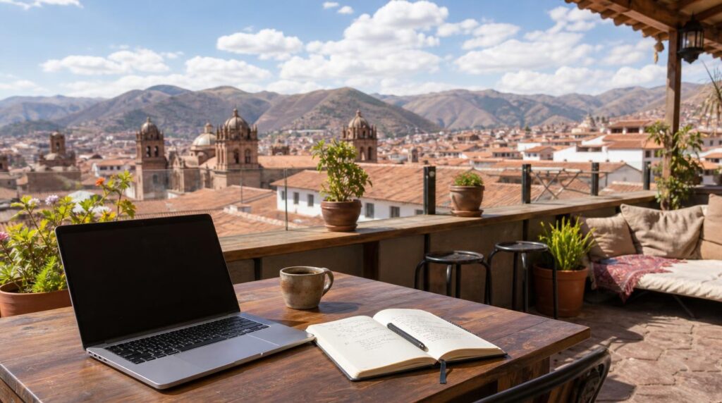 A rooftop coworking terrace in Cusco with a laptop and notebook on a small table, overlooking terracotta