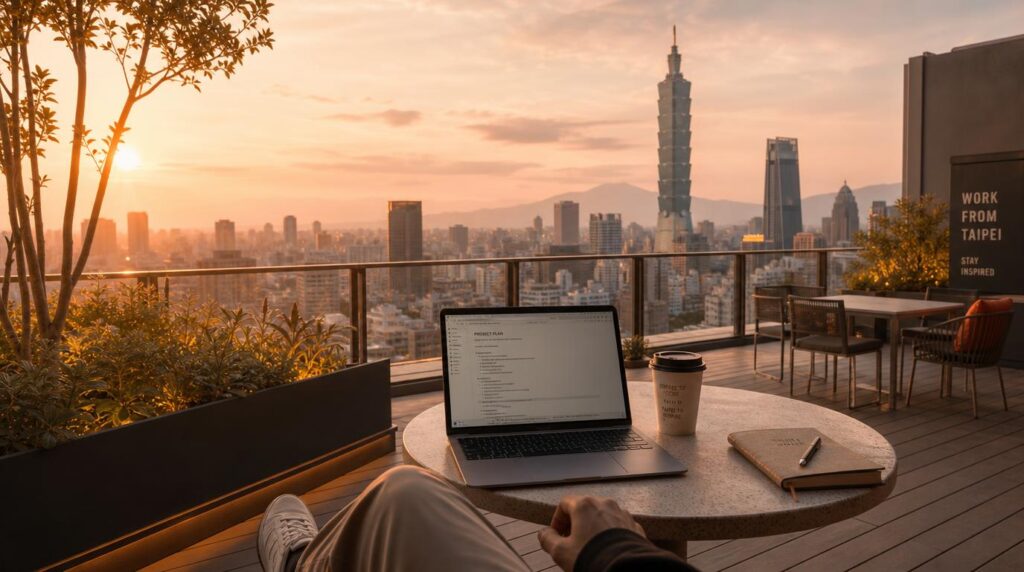 A rooftop coworking terrace in Taipei at golden hour, laptop and coffee cup on a small table, Taipei 101 visible