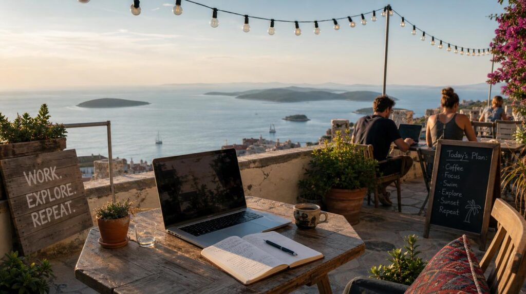 A rooftop coworking terrace overlooking the Adriatic Sea and distant islands, a laptop and notebook on a small table